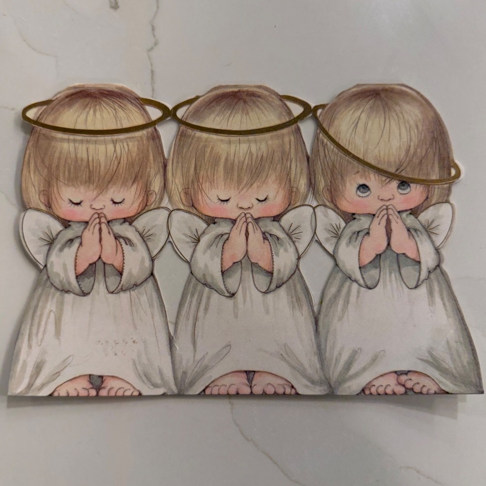 Vintage Hallmark Christmas Card Three Praying Angels PX 570-7 Gold Halo Cherubs